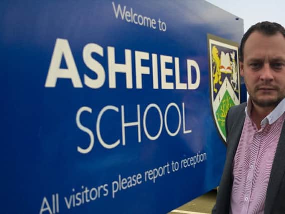 Councillor Jason Zadrozny outside Ashfield School in Kirkby, which is the worst affected school in the district.