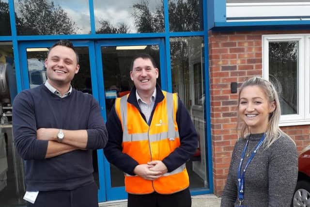 Mansfield MP Ben Bradley, left, with Water Direct operations manager Mike Rowell and marketing manager Liv Morris.