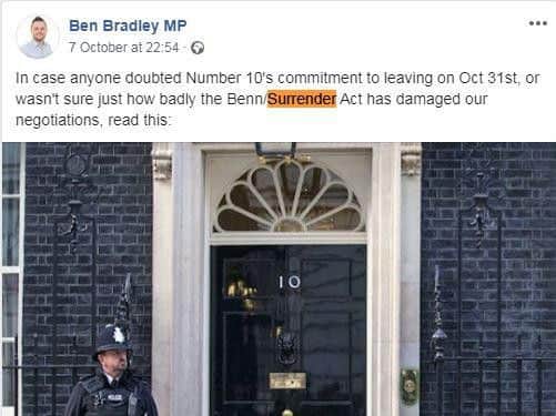 An example of Ben Bradley using the word 'surrender', which has been condemned by the Archbishop of Canterbury.