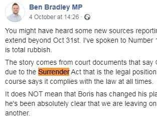 An example of Ben Bradley using the word 'surrender', which has been condemned by the Archbishop of Canterbury.