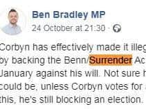 An example of Ben Bradley using the word 'surrender', which has been condemned by the Archbishop of Canterbury.
