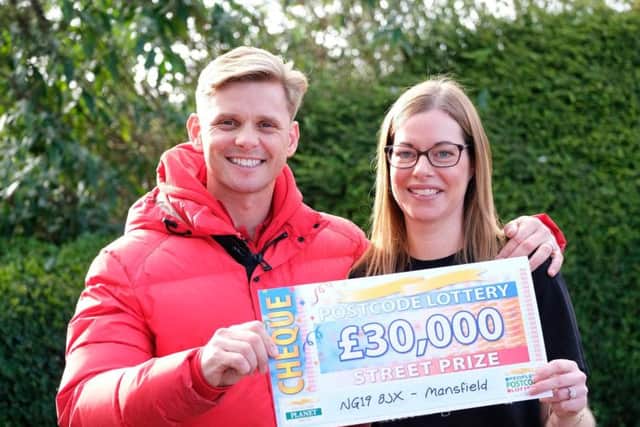 Claire Trewick with Jeff Brazier, Postcode Lottery ambassador.