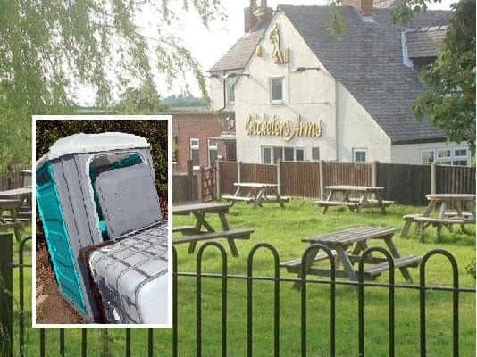 The Cricketer's Arms. Inset: a portable toilet.