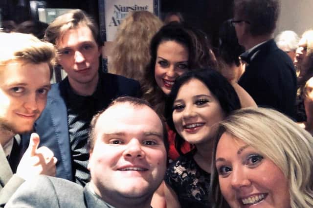 The West Nottinghamshire College students at the awards with Julie Hough (front right) and Ruth Harrison (back) of Sherwood Forest Hospitals.