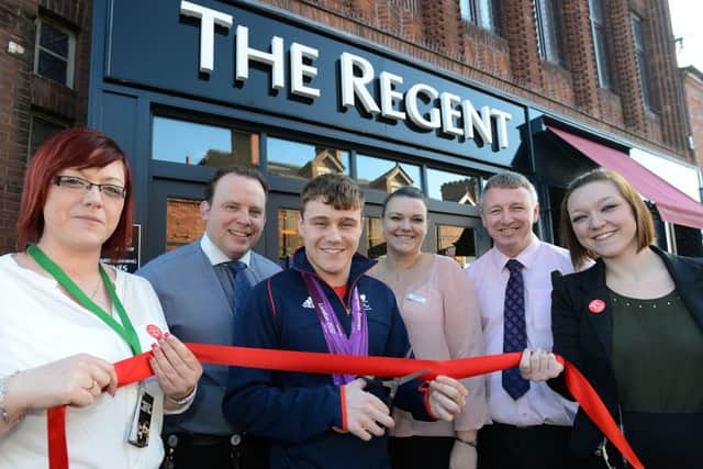 Opening of The Regent in Kirkby in Ashfield, opened by paralympic medal winner Ollie Hynd. Pictured from left is Sam Smith, manager Jon Sellars, Ollie Hynd, manager Rachel Sellars, area manager Gavin Gill and team leader Jade Harpham.