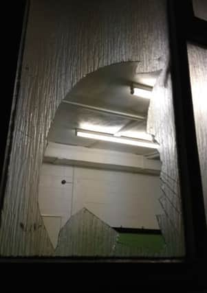 The Stags dressing room window which was broken following the match with Woking