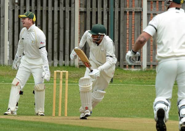 Mansfield Hosiery Mills Rolls Royce Leisure.
Rolls' Adeel Shafique is quick off the mark for a single.