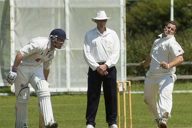 Cricket Cuckney V Mansfield Hosiery Mills - Bowler Matt Wright of Mansfield bolws to Nick Langford6 July 2013Image © Paul David Drabblewww.pauldaviddrabble.co.uk