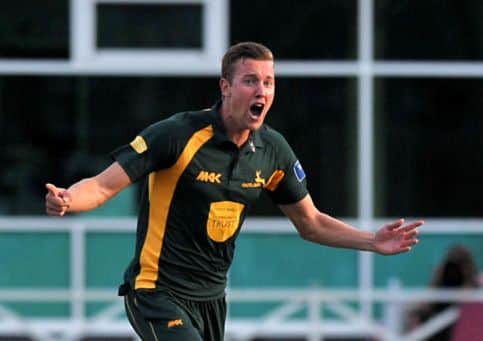Nottinghamshire Outlaws' Jake Ball celebrates taking the wicket of Somerset's Jamie Overton during the Clydesdale Bank Pro40 Semi Final match at Trent Bridge, Nottingham. PRESS ASSOCIATION Photo. Picture date: Monday September 9, 2013. See PA story CRICKET Nottinghamshire. Photo credit should read: Simon Cooper/PA Wire