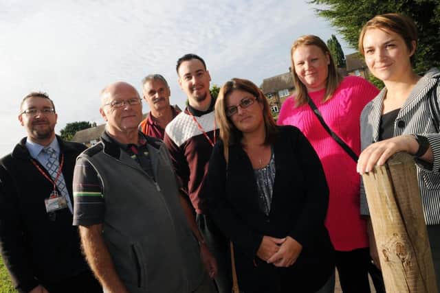 Setting up of tenants and residents association of Hucknall on land to rear of Lime Tree Ave which belongs to community but never been devleloped. l-r Andrew Filer Ashfield Homes, Dennis Mayoh Spokesman Welbeck Community Association, Andy Fell Ashfield DC, Keir Morrison Ashfeild DC, Christa Bales and Kayleigh Adamson residents and Hucknall CC Alice Grice.