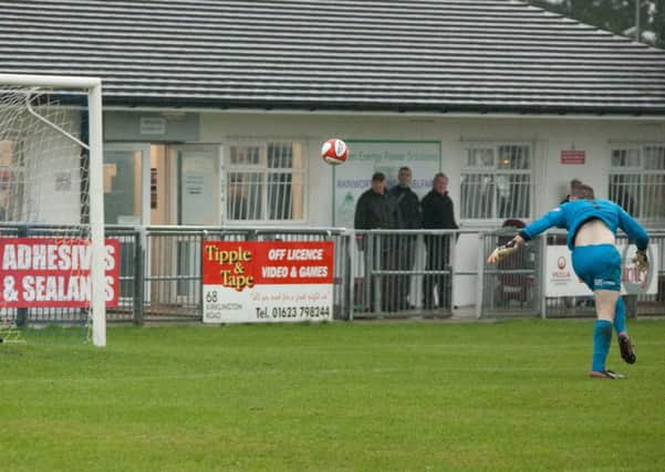 James Martin kick flys over the bedworth keepers head