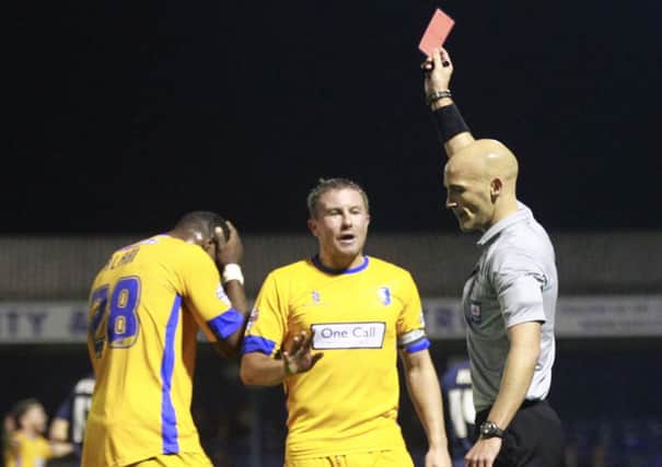 Referee Darren Drysdale sends off Stags debutany James Alabi -Pic by:Richard Parkes