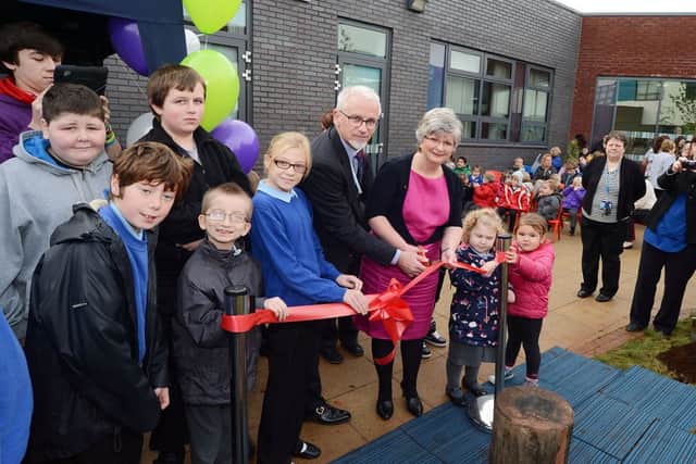 Stubbin Wood School official opening which saw the Leader of Derbyshire County Council Anne Western cut the ribbon with head teacher Lee Floyd watched by pupils and assembled guests.