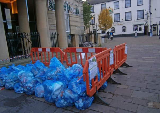 Litter collected and displayed in Mansfield's market place.