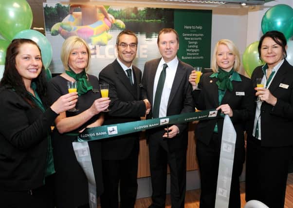 Re-launch of Lloyds Bank, Sutton-in-Ashfield. l-r Helen Lyall, Karen Allwood, John Thorpe Branch Network Director who opened branch, Mark Woodhouse Branch Manager, Lucie Kirk and Amanda Pidcott.