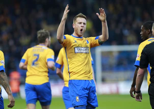 Mansfield Town's Lee Stevenson celebrates equalising for The Stags  -Pic by:Richard Parkes