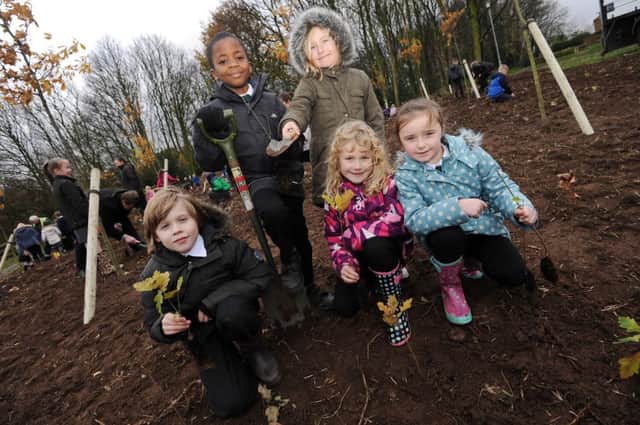 Peafield School plant trees in nearby woodland. back is Brandon 8 and Ellie 7, front is Sonny 8, Amber 8 and Madeline 7.
