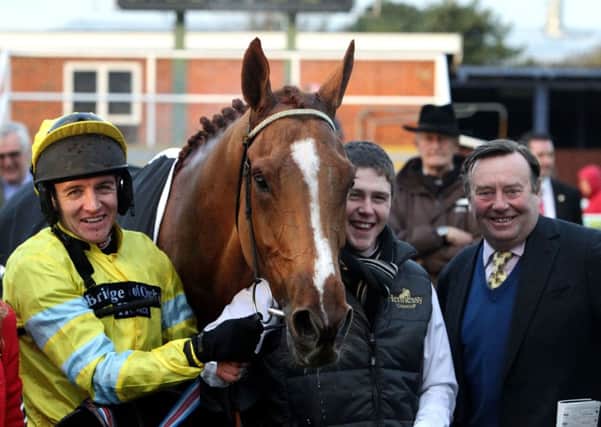 Triolo D'Alene with jockey Barry Geraghty and Trainer Nicky Henderson (right)  after winning the Hennessy Gold Cup Steeple Chase during day three of the 2013 Hennessy Heritage Festival, at Newbury Racecourse. PRESS ASSOCIATION Photo. Picture date: Saturday November 30, 2013. See PA story RACING Newbury. Photo credit should read: Steve Parsons/PA Wire