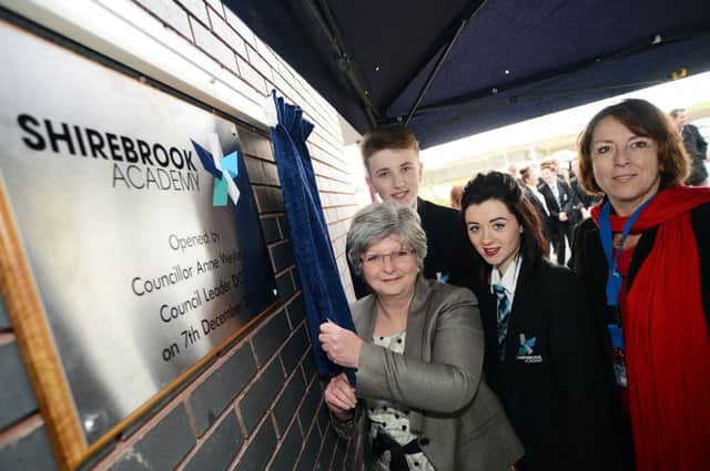 Anne Western, leader of Derbyshire County Council, with head teacher Julie Bloor and  head boy Dylan Collier and deputy head girl Katie Salmon at the official opening of Shirebrook Academy on Saturday.
