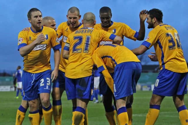 Mansfield celebrate their goal - Oldham Athletic vs. Mansfield Town - The FA Cup at Boundary Park, Oldham - 07/12/2013 - Mandatory Credit: Pixel8 Photos/Barbara Abbott - +44(0)7734 151429 - info@pixel8photos.com - NO UNPAID USE.