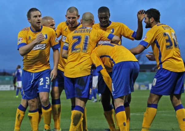 Mansfield celebrate their goal - Oldham Athletic vs. Mansfield Town - The FA Cup at Boundary Park, Oldham - 07/12/2013 - Mandatory Credit: Pixel8 Photos/Barbara Abbott - +44(0)7734 151429 - info@pixel8photos.com - NO UNPAID USE.