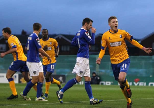 Sam Clucas (Mansfield Town) celebrates his goal - Oldham Athletic vs. Mansfield Town - The FA Cup at Boundary Park, Oldham - 07/12/2013 - Mandatory Credit: Pixel8 Photos/Barbara Abbott - +44(0)7734 151429 - info@pixel8photos.com - NO UNPAID USE.