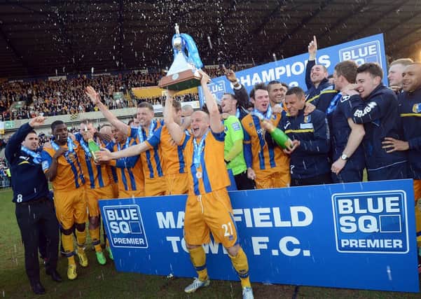Stags v Wrexham.
Captain Adam Murray celebrates with the trophy and team.
