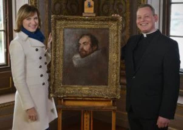Fiona Bruce and owner Father Jamie MacLeod with the restored Van Dyck painting.