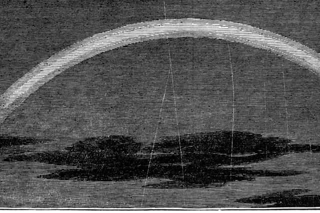 Lunar rainbow. Historical artwork of a lunar rainbow that was observed in 1845 in Lenton, Nottinghamshire, UK. A lunar rainbow is formed by the same process as a normal rainbow, but is illuminated by moonlight rather than sunlight. As moonlight is much fainter than sunlight, the rainbow appears paler and colours are harder to discern.