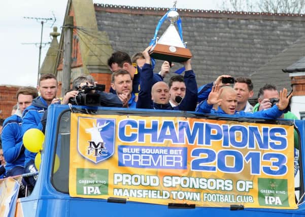 Stags victory parade around Mansfield in an open top bus.
Stags pull up to their first crowd at the Talbot.