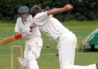 Jake Ball learns his trade as he bowls to Mansfield and Pleasley batsman Steve Jenkins.