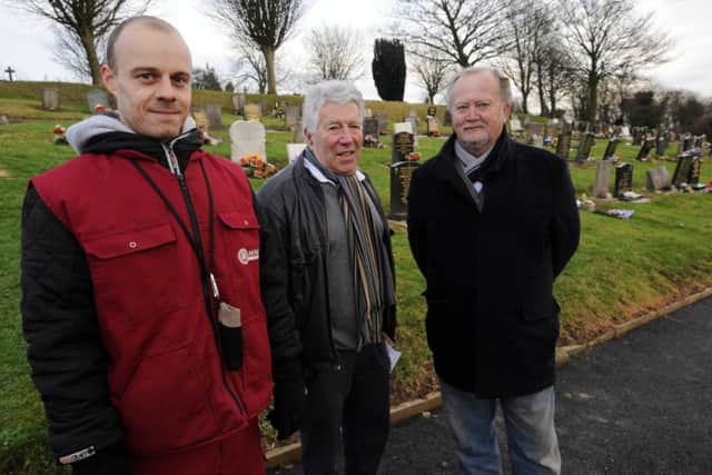 Huthwaite Cemetary clean-up. l-r Dwayne Orange who has played a significant role in the transformation, Cllr Ray Buttery and Ian Kerry Friends of Ashfield War Memorials.
