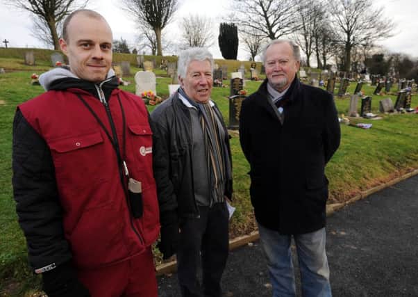 Huthwaite Cemetary clean-up. l-r Dwayne Orange who has played a significant role in the transformation, Cllr Ray Buttery and Ian Kerry Friends of Ashfield War Memorials.