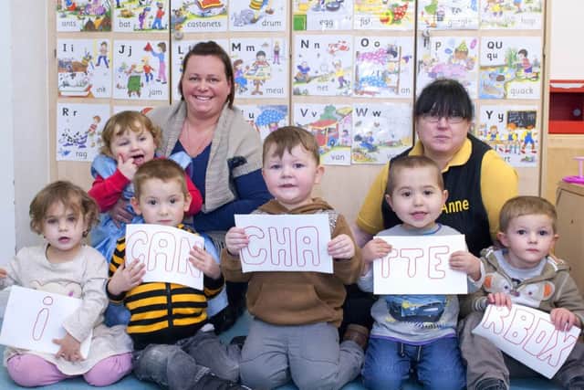 Children and staff at the Tiny Tots Nursery, Hucknall prepare for the I Can's Chatterbox Challenge 2014 'Sounds Like Fun with Humf' to be held on the 11th February