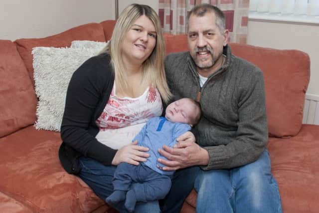Baby Max Wells born at 2.07am on the 31st December 2013 at Kings Mill Hospital and weighing 13lb 10oz with mum Charlene Wells and grandad Brian