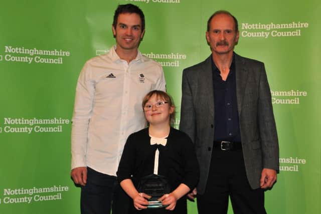 Tim Baillie, London 2012 medallist, Meg McFarlane, Junior Disabled Sportsperson of the Year, and Simon Wilson, Paralympic fencer. Picture by Jo Wheeler.