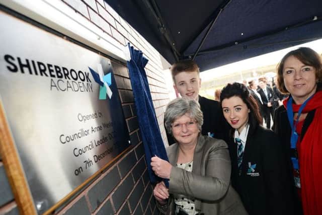 Anne Western, leader of Derbyshire County Council, with head teacher Julie Bloor and  head boy Dylan Collier and deputy head girl Katie Salmon at the official opening of Shirebrook Academy