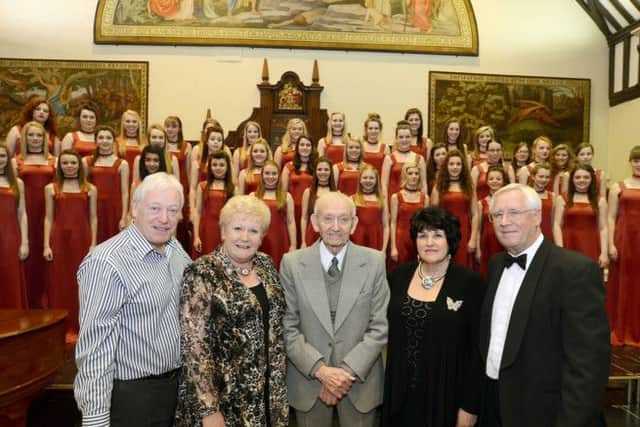 The Cantamus Choir pictured at the Pamela Cook  Memorial and fundraising concert, with from left, Mansfield Mayor Tony Egginton, assistant director Elaine Guy, Pamela's husband, Geoff Thompson, conductor Ann Irons and Paul Bacon.