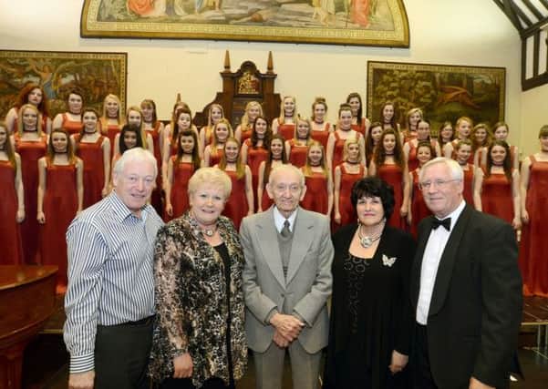 The Cantamus Choir pictured at the Pamela Cook  Memorial and fundraising concert, with from left, Mansfield Mayor Tony Egginton, assistant director Elaine Guy, Pamela's husband, Geoff Thompson, conductor Ann Irons and Paul Bacon.