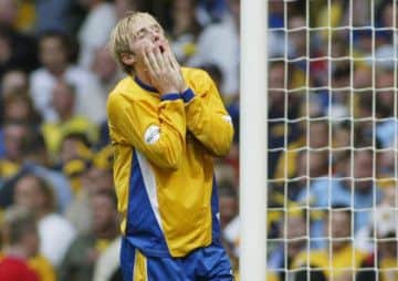 That moment: Liam Lawrence can't believe his penalty miss against Huddersfield in May 2004.