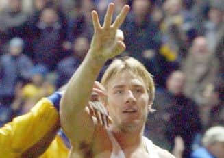 Mansfield's Liam Lawrence celebrates after scoring a hat trick against visitors Wycombe Wanderers, during their FA Cup 2nd round replay, at Field Mill Ground, Mansfield, Tuesday 16th December 2003. (final score 3-2). PA Photos : Rui Vieira.
THIS PICTURE CAN ONLY BE USED WITHIN THE CONTEXT OF AN EDITORIAL FEATURE.