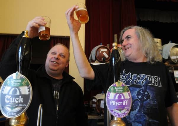 Hucknall Beer Festival.
Steven Wells and Ray Kirby from Nottingham CAMRA check the brews.
