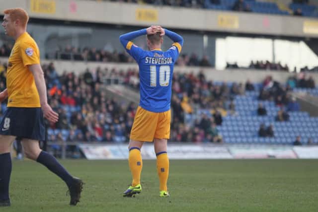Lee Stevenson holds his head as a golden chance is wasted -Pic by: Richard Parkes