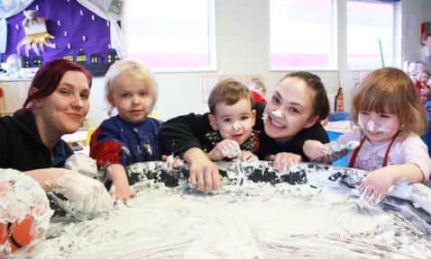Assistant nursery manager Kirstie Deakin with Fay Trueman, Ethan Healy, nursery nurse Alex Limb and Millie Churcher