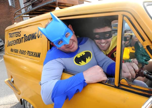 Ashley Poxson as Robin and James Duffin as Batman with their Del Boy style van at JD Bodyworks,  Anglia Way, Mansfield.