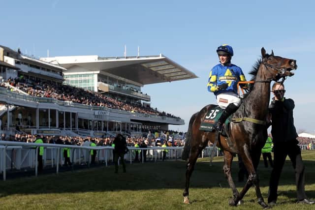AINTREE HERO -- Aurora's Encore, ridden by Ryan Mania, parades in front of the Aintree stands after winning last year's Grand National (PHOTO BY: David Davies/PA Wire)