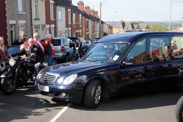 Funeral of Neil Mott, Hells Angel President. Procession began at Headquarters in Huthwaite.FOR WEB ONLY MORE IMAGES TO FOLLOW