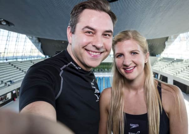 David Walliams and Rebecca Adlington pose for a picture at the top of the 10m diving platform during the launch of the British Gas SwimBritain event at the London Aquatic Centre.