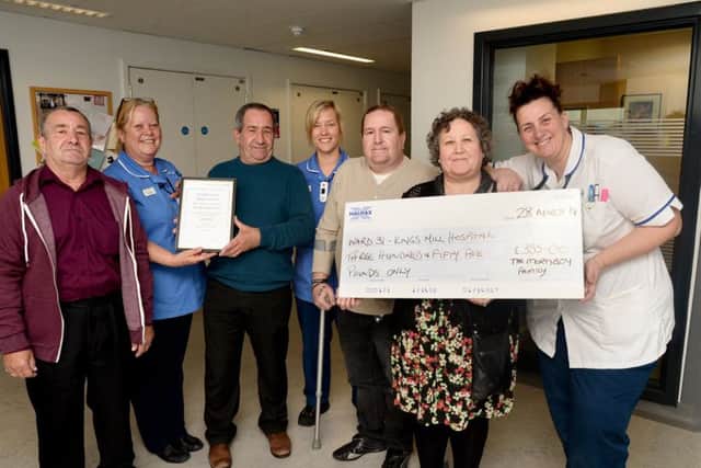 The family of Mrs Sylvia Mortiboy attended a presentation on ward 31 at Kings Mill Hospital to  present funds raised in memory of their mother. Mrs Mortiboy was a patient on ward 31 for 4 weeks before she  passed away.  The family raised £355 in her memory and decided to donate this to the ward to thank the team for the help and support they gave to the family.  The photo shows: From left to right: Terry MortiboyMary PashleyPaul MortiboyJennifer PooleyNeil MortiboyRoslyn DavisSharon Leveridge Williams