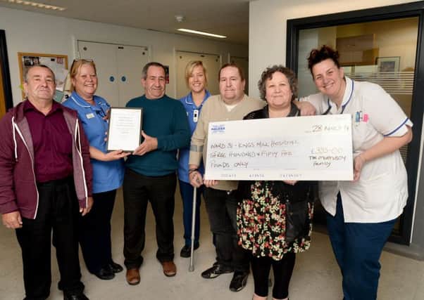 The family of Mrs Sylvia Mortiboy attended a presentation on ward 31 at Kings Mill Hospital to  present funds raised in memory of their mother. Mrs Mortiboy was a patient on ward 31 for 4 weeks before she  passed away.  The family raised £355 in her memory and decided to donate this to the ward to thank the team for the help and support they gave to the family.
 
 
The photo shows:
 
From left to right:
 
Terry Mortiboy
Mary Pashley
Paul Mortiboy
Jennifer Pooley
Neil Mortiboy
Roslyn Davis
Sharon Leveridge Williams